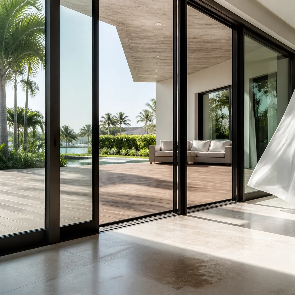 Modern sliding patio doors opening onto a tropical outdoor terrace. in Tampa, FL
